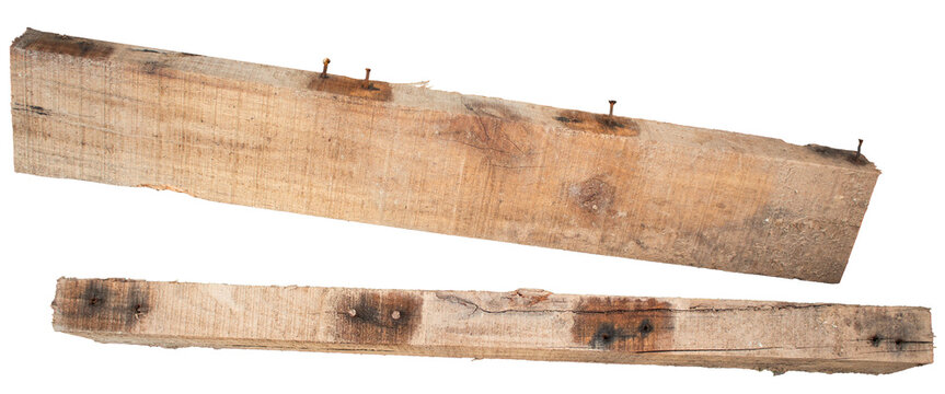 Two Pieces Of Weathered Rustic Wooden Planks With Nails On White Background