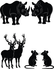 Black animal silhouettes vector set featuring rhino, deer, husky dogs, pig, crab, crows, parrots, rabbits, and mice, isolated on white background for design. © Sagar Creative
