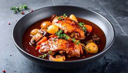 Coq au Vin Classic French Chicken Stew on Dark Stone Background