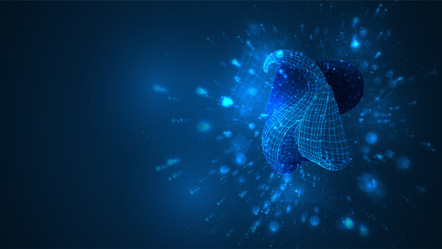 An abstract 3D object on a blue background with bright highlights.