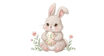 Obraz premium Adorable cartoon bunny holding a colorful easter egg surrounded by pink flowers