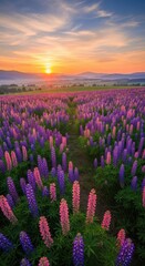 Fototapeta premium Lupine Field at Sunrise - A Colorful Landscape.