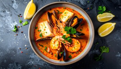 Bouillabaisse on Dark Stone Background