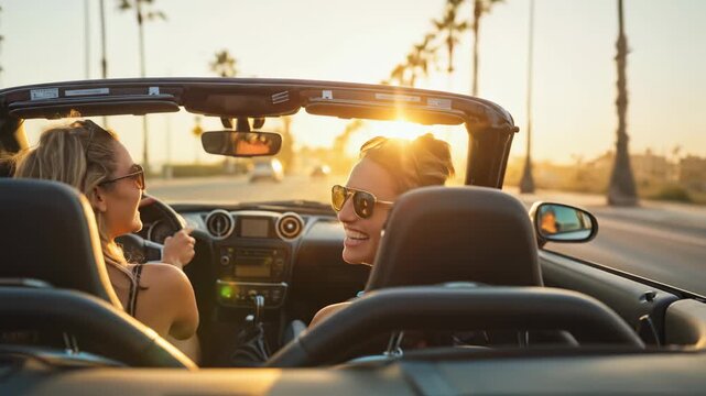 Two young women enjoying a summer road trip in a convertible car at sunset, driving along a coastal road with palm trees.