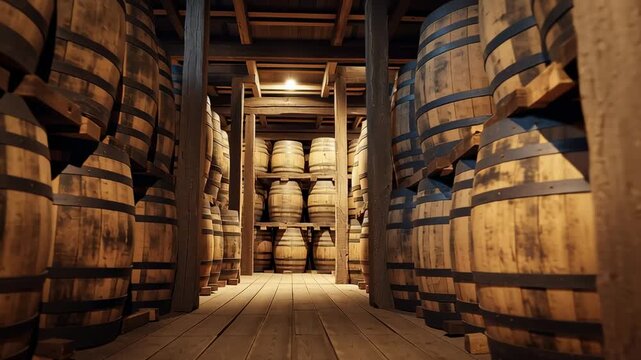 Wooden barrels stored in traditional whiskey aging cellar, warm light and rustic atmosphere of spirit maturation process