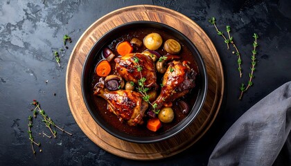 Coq au Vin Classic French Chicken Stew on Dark Stone Background