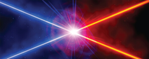 Laser effect background vs laser. Collision of blue and red lightning energy. Laser shocks and magic storm versus concept. Particle explosion for battle design. Release of abstract confrontation © Ar_des