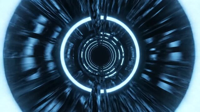 A futuristic tunnel with radial lines and a glowing blue circle in the center, viewed from a straight-on perspective, creating a sense of depth and motion