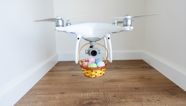 A white drone hovers carring easter eggs in basket on a brown wooden floor in a room with white walls and a white door frame