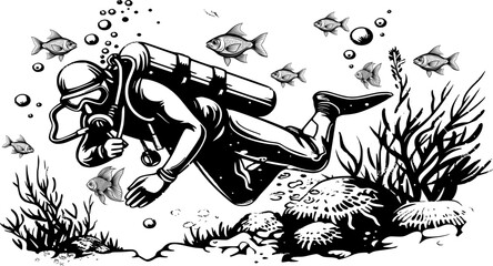 Vector illustration seamless pattern diving, underwater, ocean, sea, scuba, swimmer, background, marine, aquatic, wallpaper, snorkel, water, diver, deep, blue, summer © STOCK VECTOR