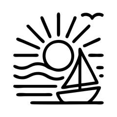 Logo agencia de viajes. Vacaciones de verano. Dibujo sencillo con líneas de un paisaje con un barco de vela, sol, un pájaro volando y olas de mar © teracreonte