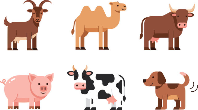 Flat vector illustration set of domestic farm animal character collection including goat camel bull pig cow and dog for agriculture livestock education and children.