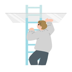 梯子の上で透明な境界に触れる人物のフラットイラスト 上昇の停止を表す概念表現