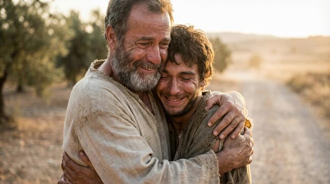 Prodigal Son Returns Home, Loving Father Hugging Dirty Son at Golden Sunset, Christian Parable of Forgiveness, Repentance and Unconditional Love
