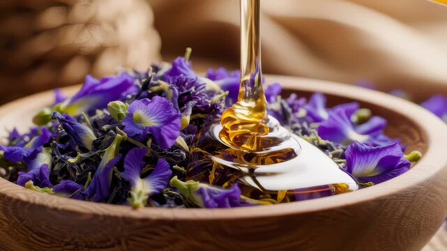 Golden Honey Pouring Onto Vibrant Blue Butterfly Pea Flowers