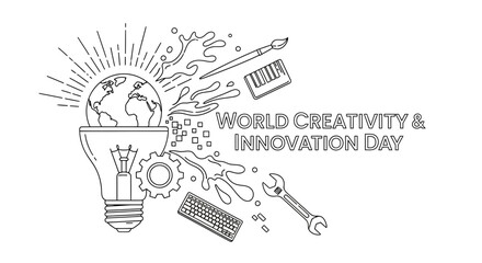 Fototapeta premium World Creativity and Innovation Day - Lightbulb, Globe, Art Supplies & Tools