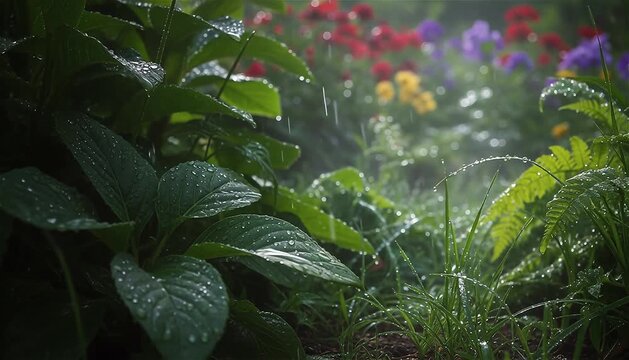 Document the vibrancy of greenery after a rainfall, showcasing droplets on leaves and the freshness of nature.
