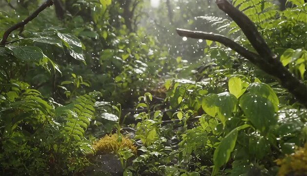 Document the vibrancy of greenery after a rainfall, showcasing droplets on leaves and the freshness of nature.
