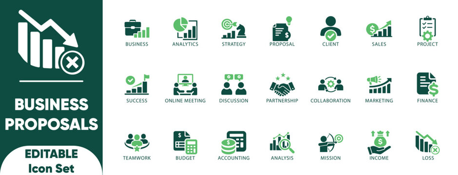 Business proposals Solid icon set. collaboration, deal, contract, discussion, document, leadership, marketing, funding, and business vector.