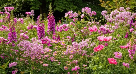 Obraz premium Lush Garden Display - Foxgloves and Poppies in Full Bloom.