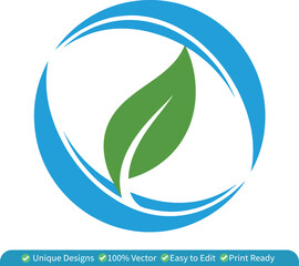Fototapeta premium Eco Leaf Logo Vector – Green Nature Water Circle Icon, Environmental Organic Brand Symbol