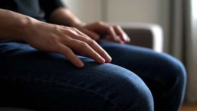 A person sits on a sofa with hands resting on their lap, wearing blue jeans. The scene is indoors with soft lighting, showing a calm, relaxed mood from a side view.