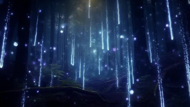 Enchanted Forest with Cascading Luminous Beams