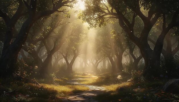 Capture the enchanting effect of sunlight filtering through tree branches, creating patterns of light and shadow on the ground.
