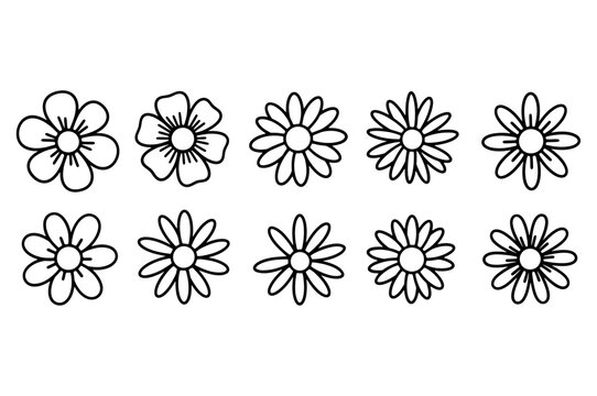 Set of simple daisy flower outlines and chamomile line art icons