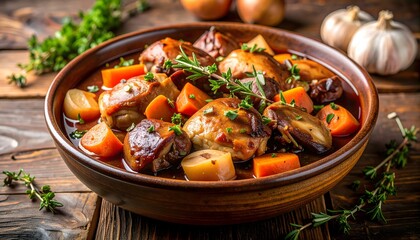 Coq au Vin Classic French Chicken on Rustic Wooden Background 	