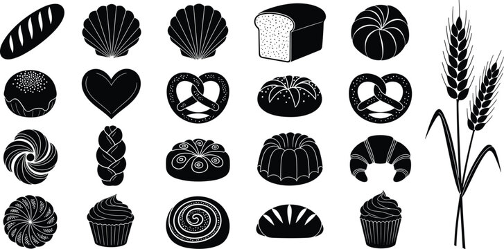 Bakery silhouette vector set. Bread, cupcake, pretzel and wheat icons. Black solid baked goods collection for logo, packaging and menu design.