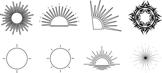 Vector collection of sunburst and sun icons featuring minimalist line art designs ideal for web app and branding projects isolated on white background © Zohaib