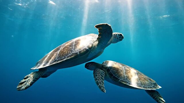 Two sea turtles swimming in clear blue ocean water
