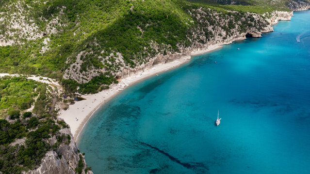 Aerial view of Cala Luna beach in the Gulf of Orosei, Sardinia, Italy.