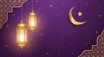 Fototapeta premium Golden lanterns and crescent moon shining brightly in a starry night sky with festive decorations