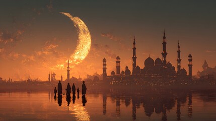 Naklejka premium Silhouetted Figures Witnessing a Majestic Crescent Moon Over a Distant Sacred City