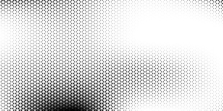 Black and white halftone triangles pattern. Abstract geometric gradient background. Vector illustration.
