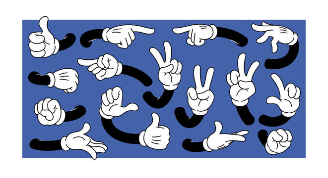A collection of cartoon hands in various poses and gestures, set against a blue background.