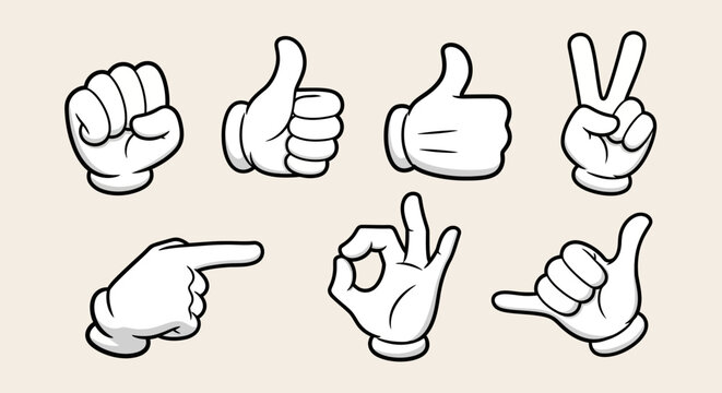 Collection of cartoon-style white gloved hands making various gestures like thumbs up, pointing, and peace sign.