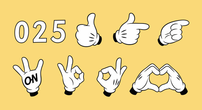 A collection of cartoon hands and numbers, including "025", thumbs up, pointing fingers, and a heart shape.