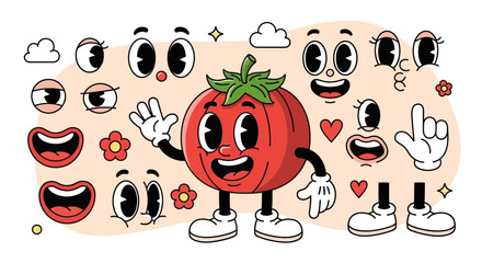 A vintage cartoon tomato character with various facial expressions and body parts for animation. © akmal