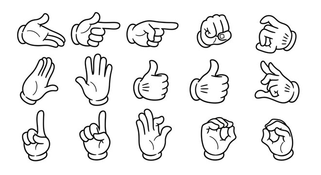 Collection of cartoon hand gestures and poses, including pointing, thumbs up, and fist.