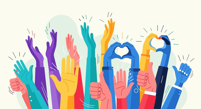 Diverse hands raised in celebration, showing support and unity with clapping and heart shapes.
