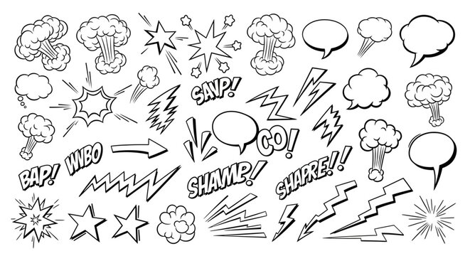 A collection of comic book style sound effect elements, including explosions, speech bubbles, and lightning bolts.