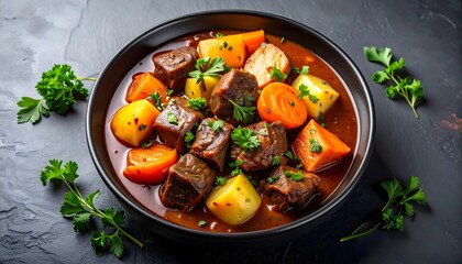 Boeuf Bourguignon on Dark Stone Background
