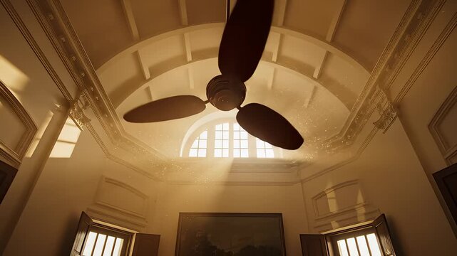 Vintage Ceiling Fan Rotating Slowly in Sunlit Room With Dust Motes