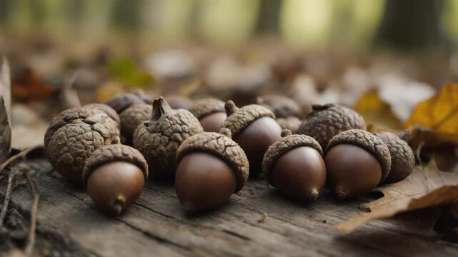 Acorns on a wooden surface outdoors.