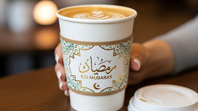 Eid Mubarak Coffee Cup with Arabic Calligraphy, Flat Design Vector Illustration