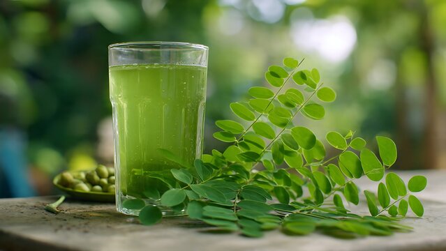 Fresh green smoothie juice with mint leaves and ice in a clear glass isolated on a white background