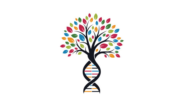 artistic tree illustration with a dna double helix trunk and vibrant colorful leaves representing biology inheritance and growth.